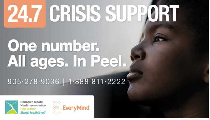 A young Black youth is looking into the distance. The poster reads "24.7 Crisis Support. One number. All Ages. In Peel. 905-278-9036 1-888-811-2222